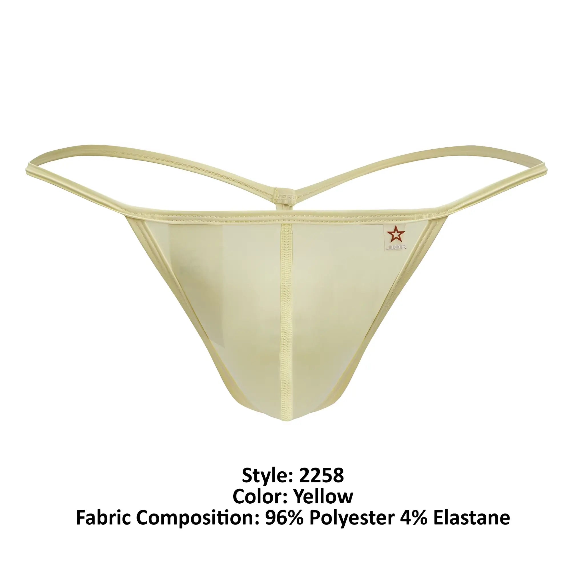 Yellow thong jor 2258 axel g-string with thin shiny elastic straps and sheer mesh front panel
