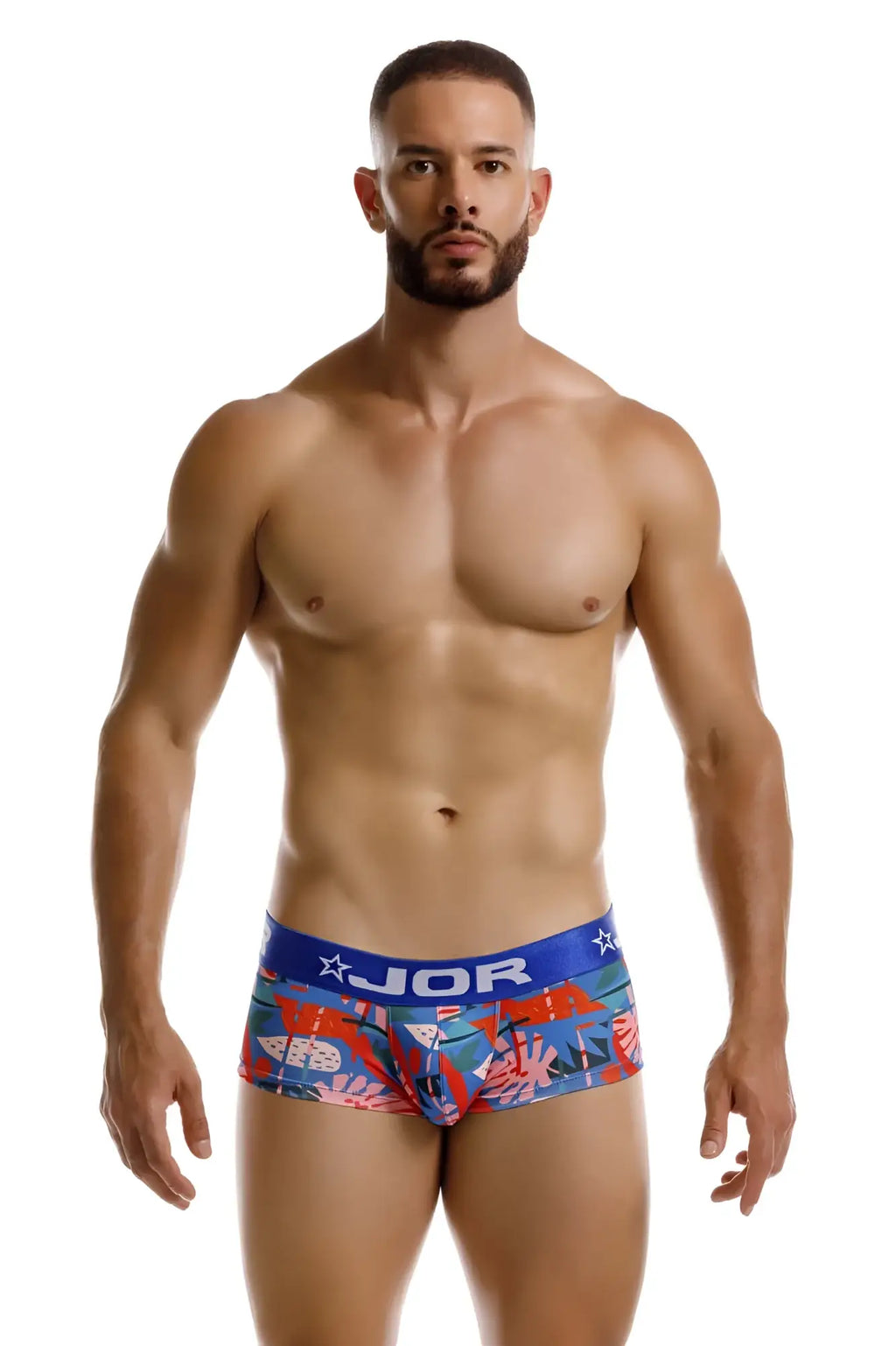 Blue and red tropical print briefs with jor branding on the waistband from jor 2269 south trunks collection
