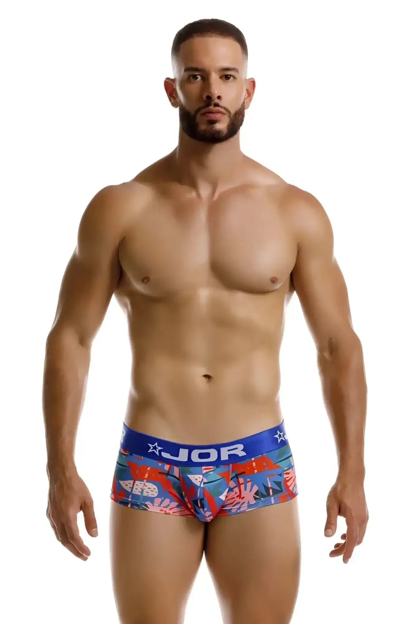 Blue and red tropical print briefs with jor branding on the waistband from jor 2269 south trunks collection