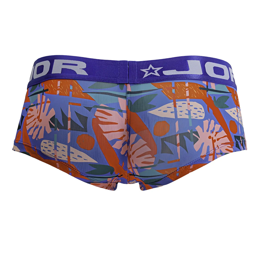 Jor 2269 south trunks color printed purple and orange tropical leaf patterned men’s briefs with branded elastic waistband