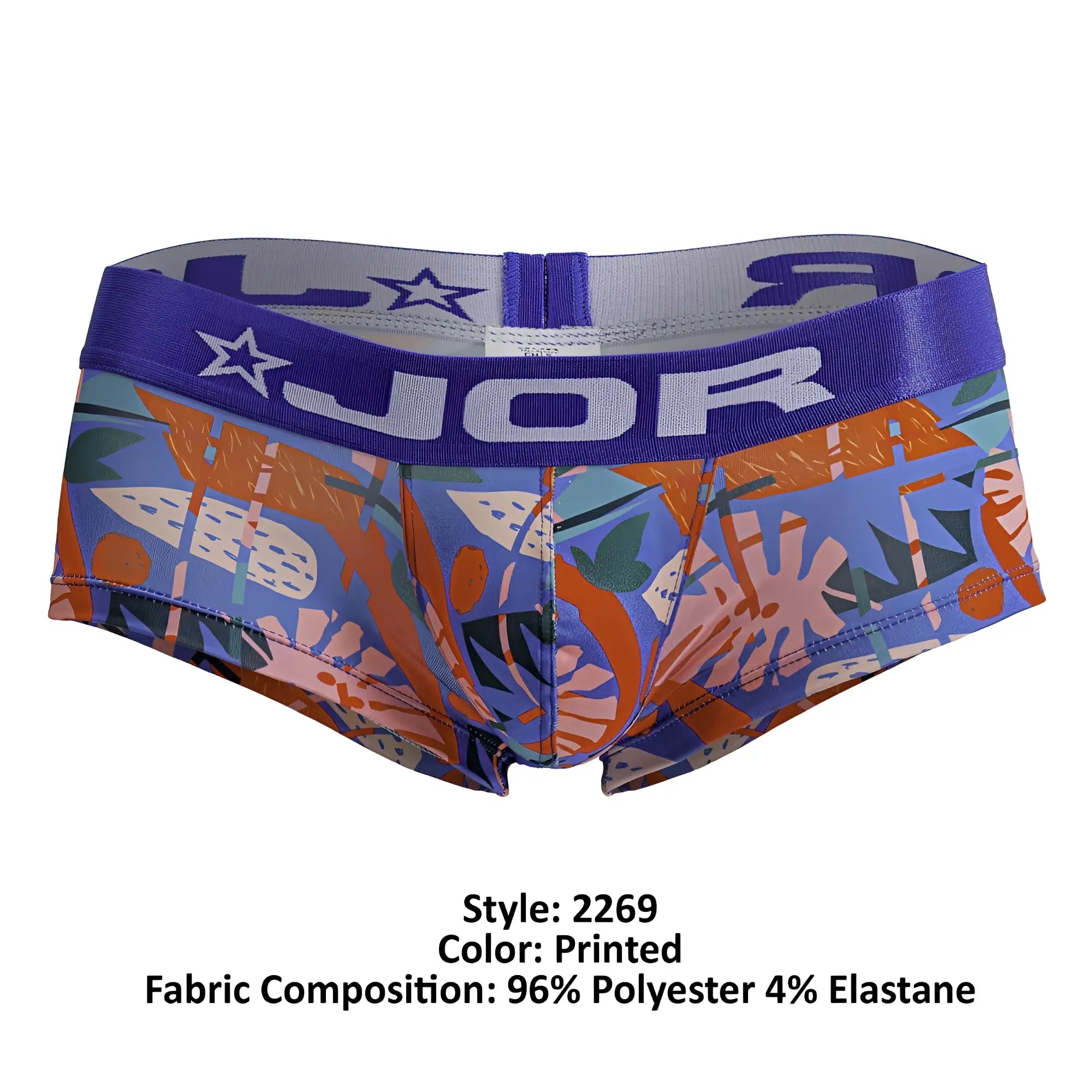 Vibrant jor 2269 south trunks printed briefs with blue orange green tropical leaves and purple logo waistband
