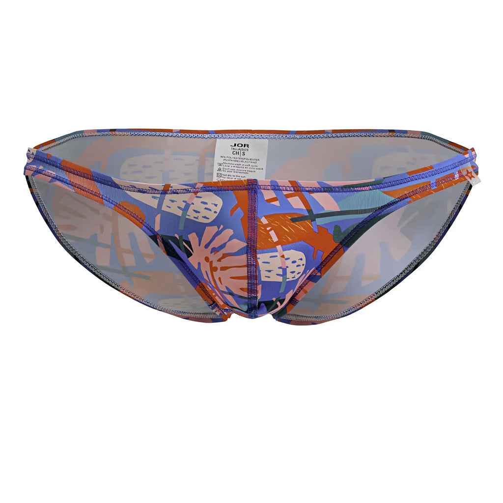 Blue and orange abstract patterned jor 2270 south bikini bottom with sheer mesh panels shown from the back side