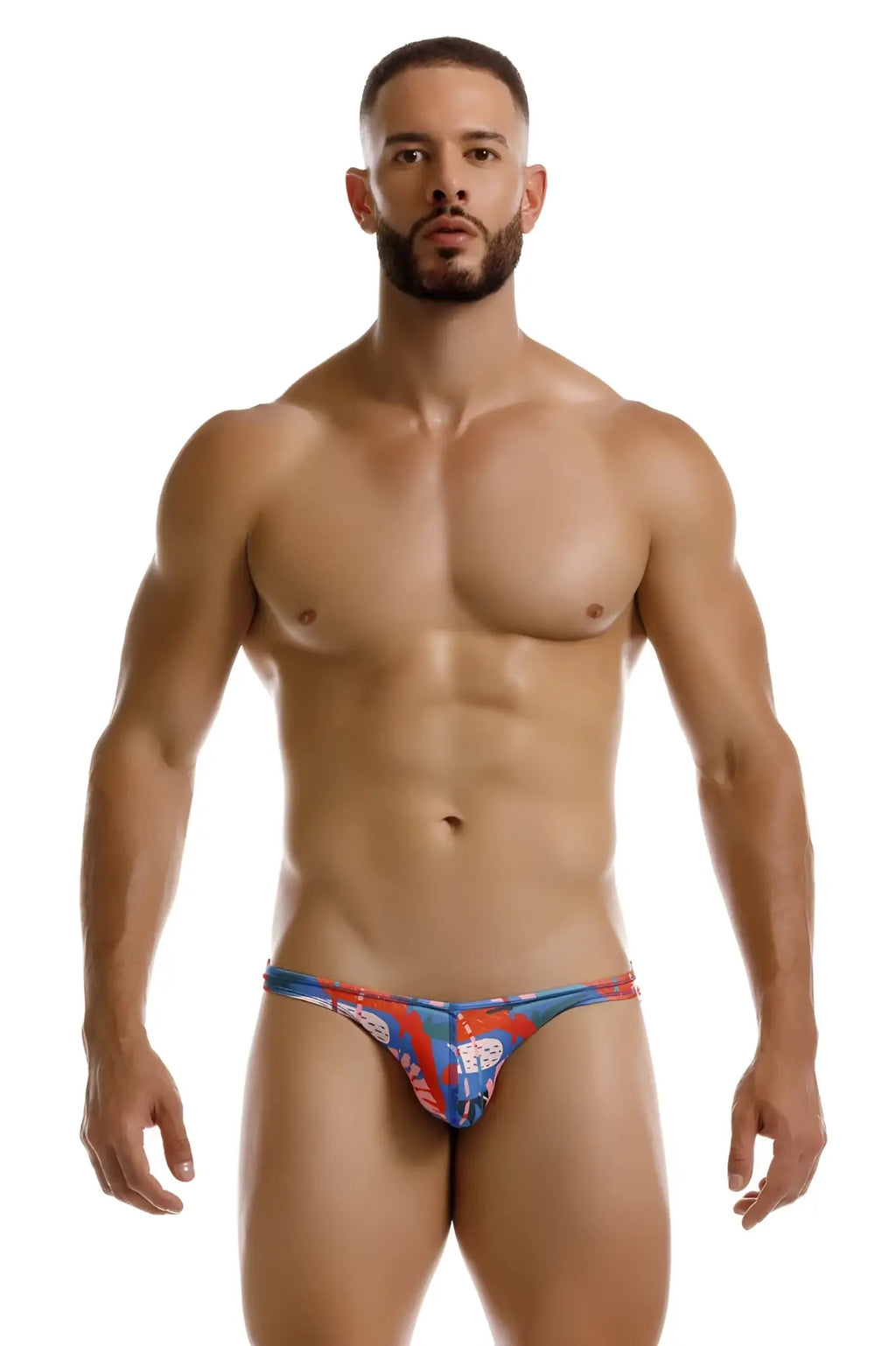 Jor 2270 south bikini color printed blue and red patterned men’s thong with bold graphic design front view