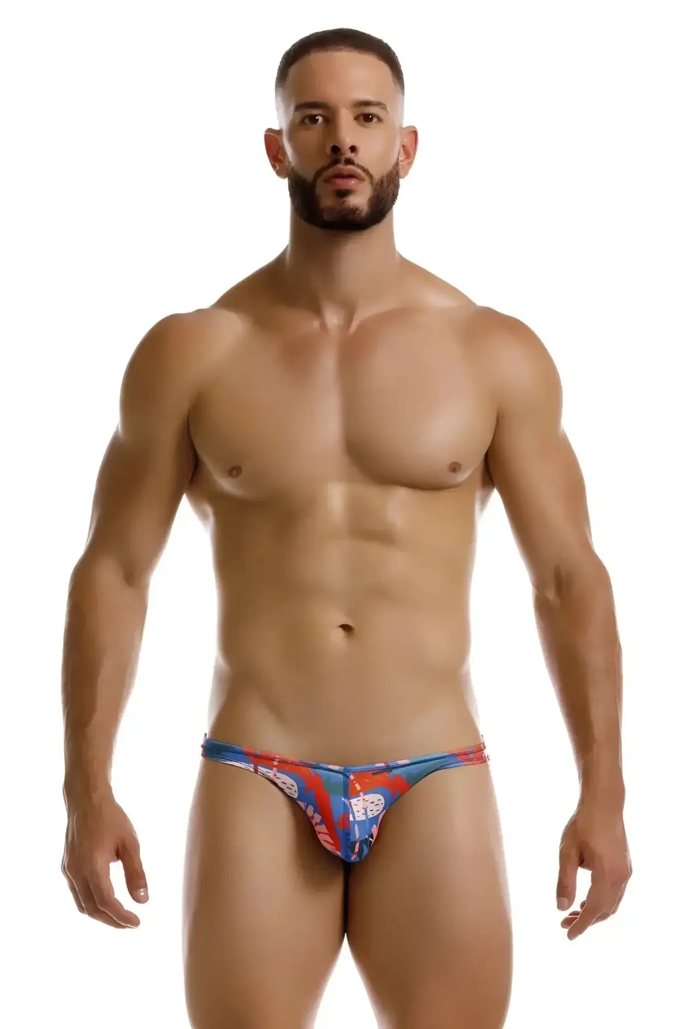 Jor 2270 south bikini color printed blue and red patterned men’s thong with bold graphic design front view