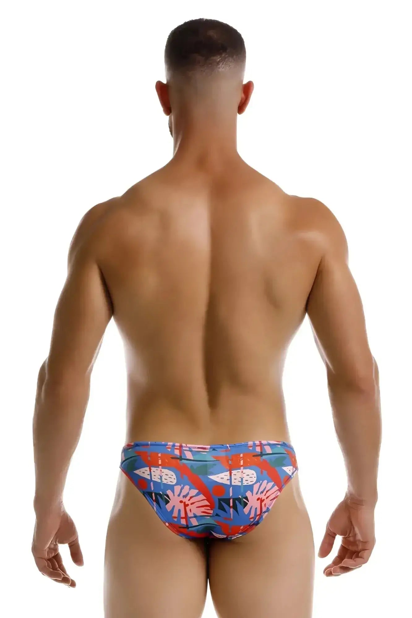 Jor 2270 south bikini color printed vibrant blue and red tropical leaf pattern swim trunks for beachwear