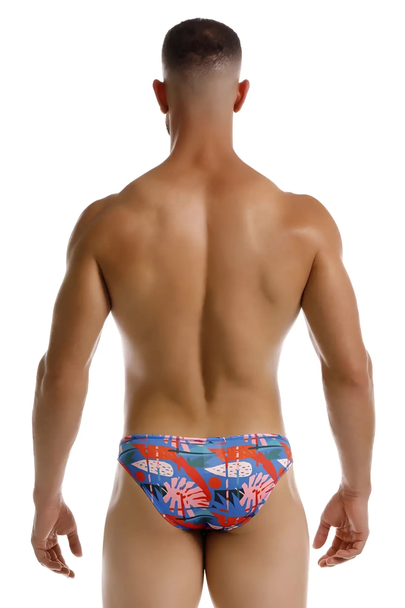 Jor 2270 south bikini color printed vibrant blue and red tropical leaf pattern swim trunks for beachwear