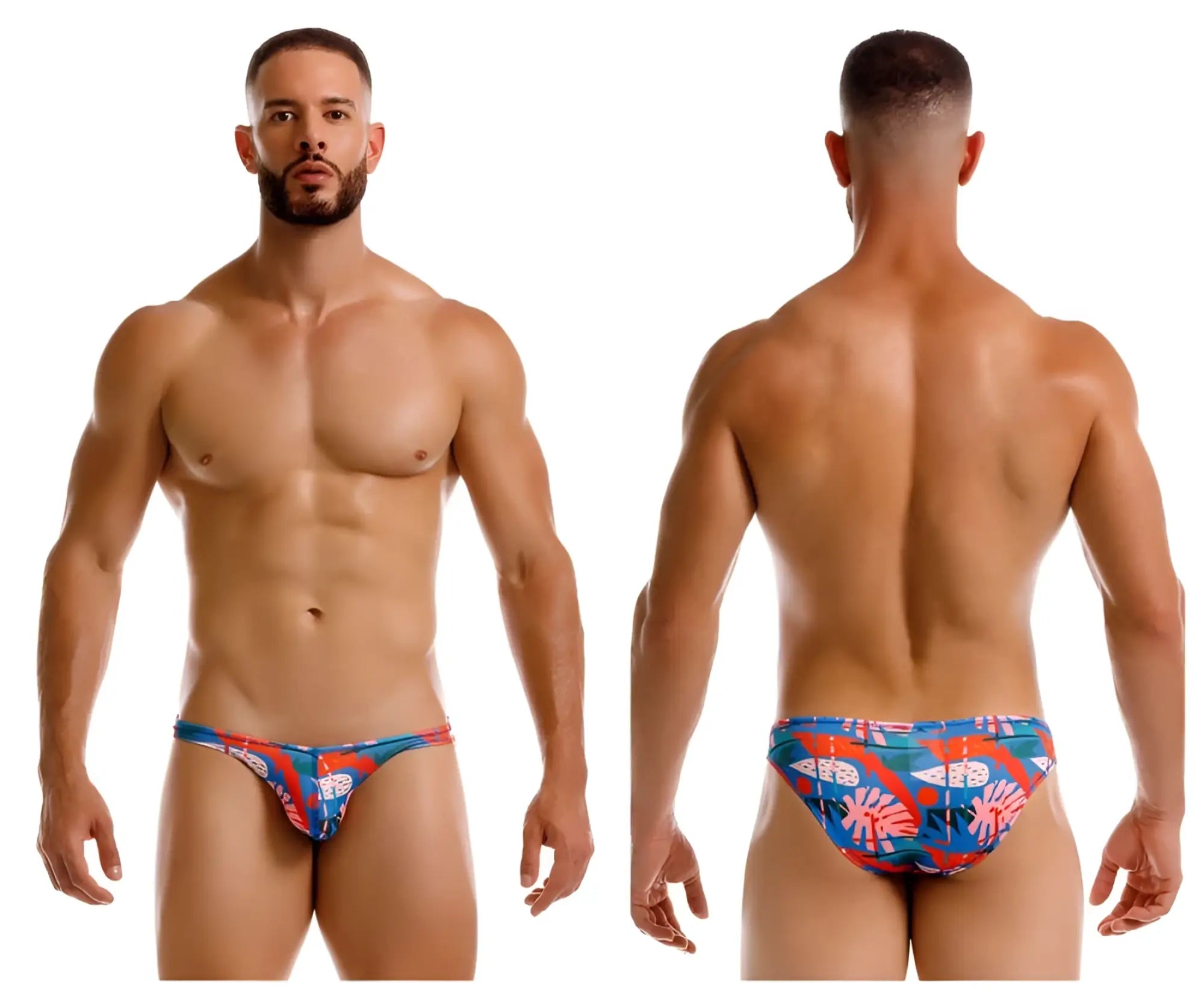 Jor 2270 south bikini color printed vibrant blue and red tropical print swim trunks with a bold patterned design