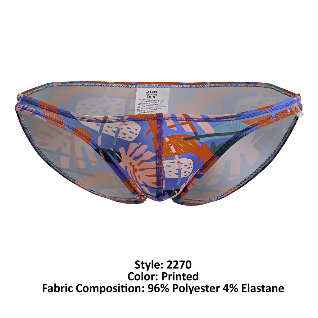JOR 2270 South Bikini Color printed vibrant men’s brief with bold blue orange pink abstract pattern on sheer mesh base