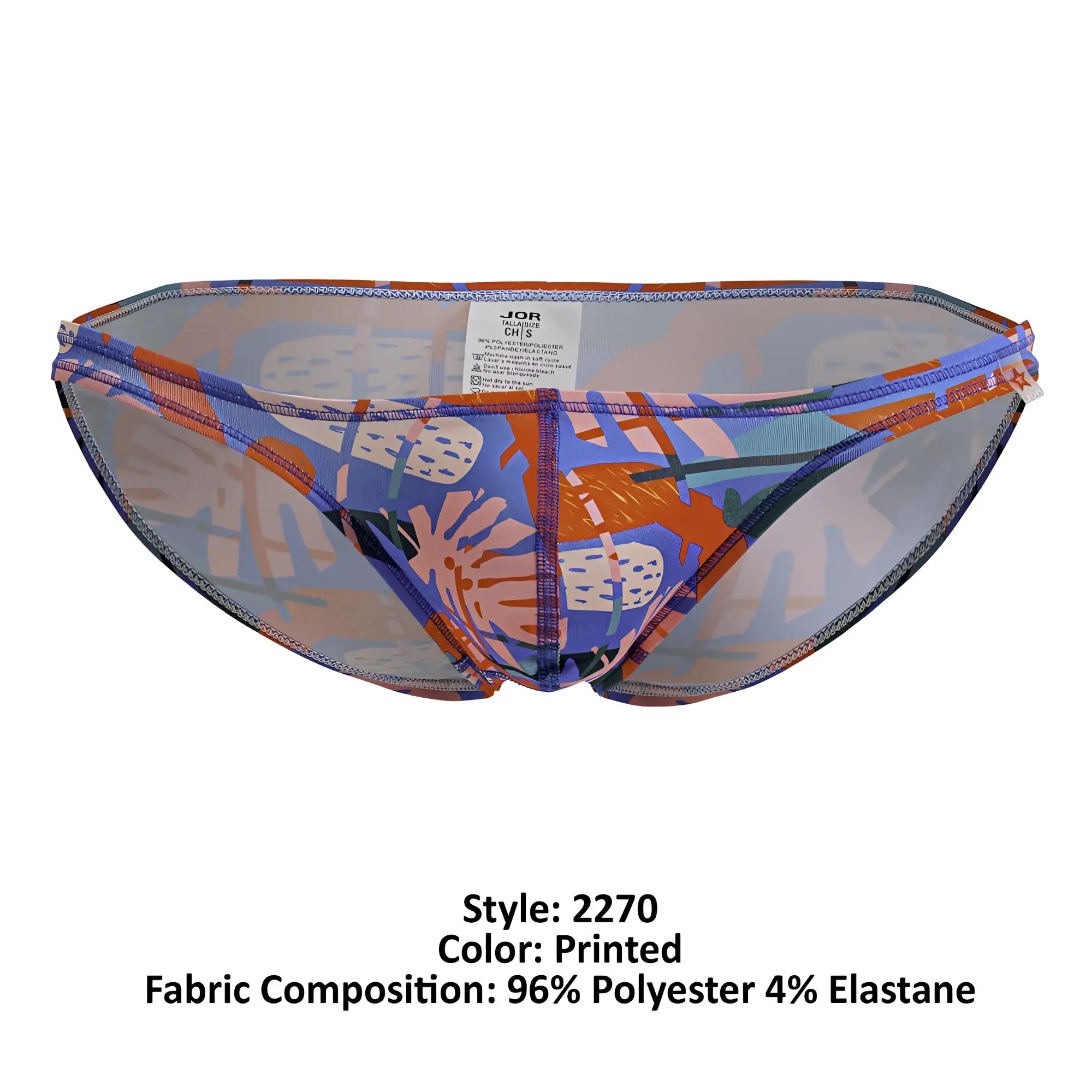 JOR 2270 South Bikini Color printed vibrant men’s brief with bold blue orange pink abstract pattern on sheer mesh base