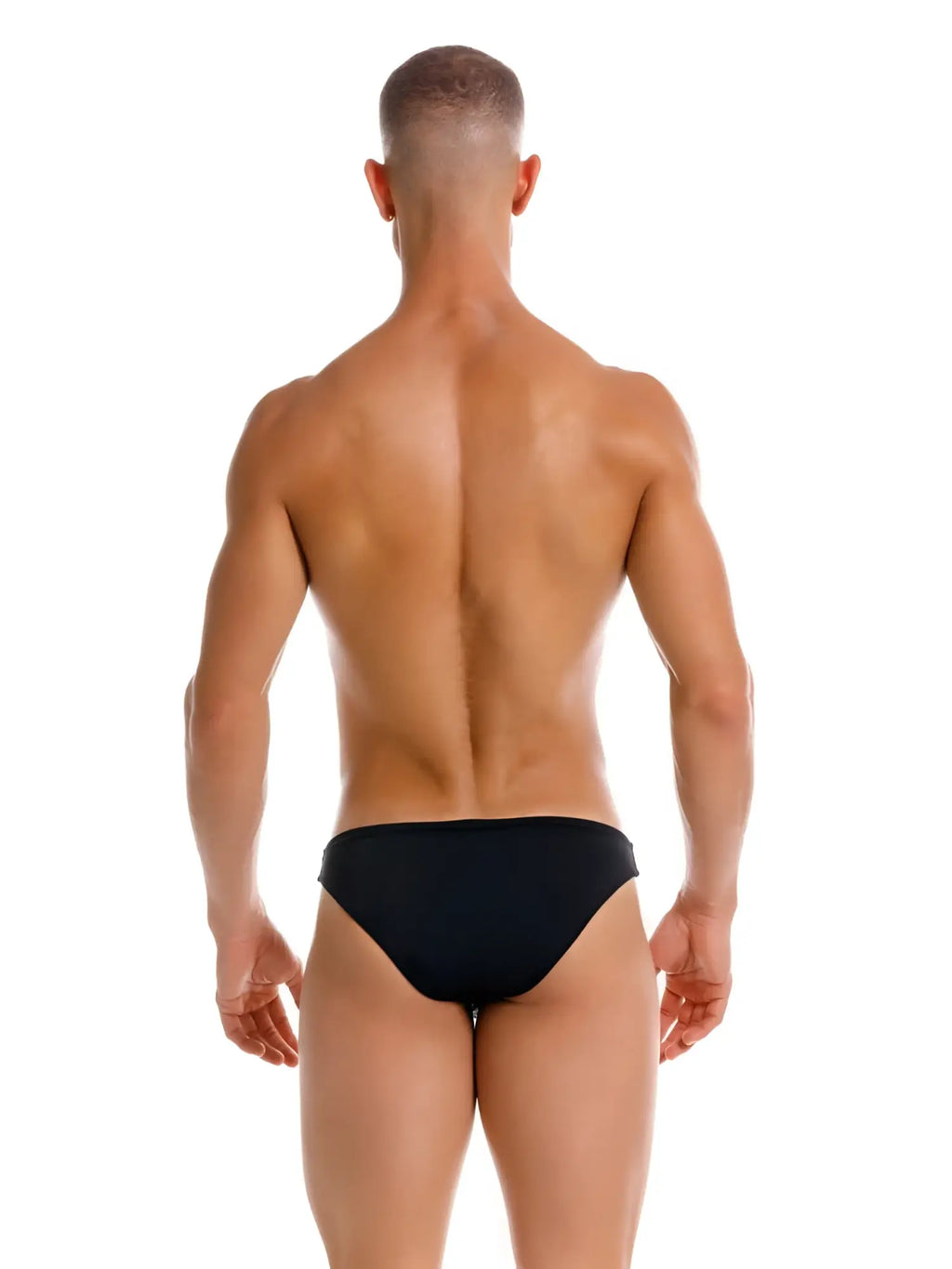 JOR 2273 Travel Swim Bikini in black, back view showing the men's swimwear on a model.