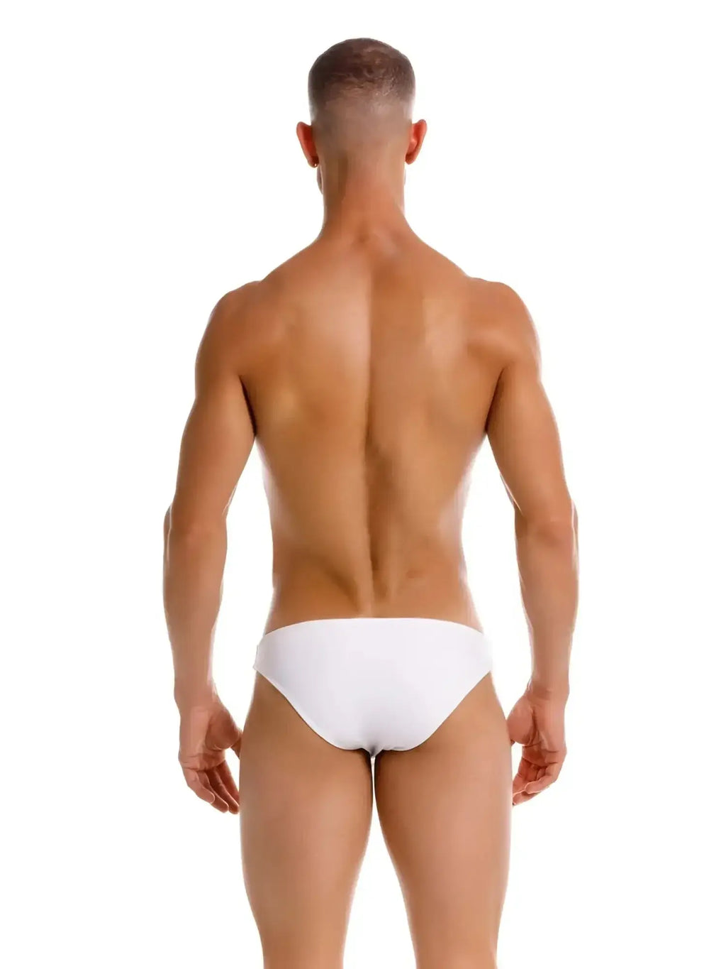 Back view of a man wearing JOR 2273 Travel Swim Bikini in white.