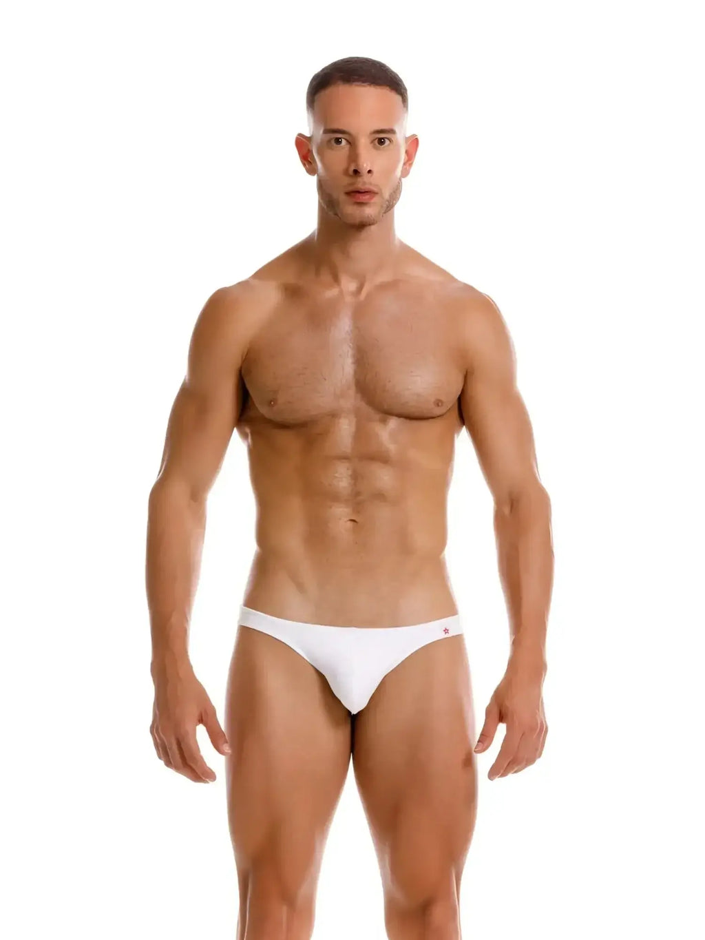 Front view of the JOR 2273 Travel Swim Bikini in white, worn by a male model against a white background.