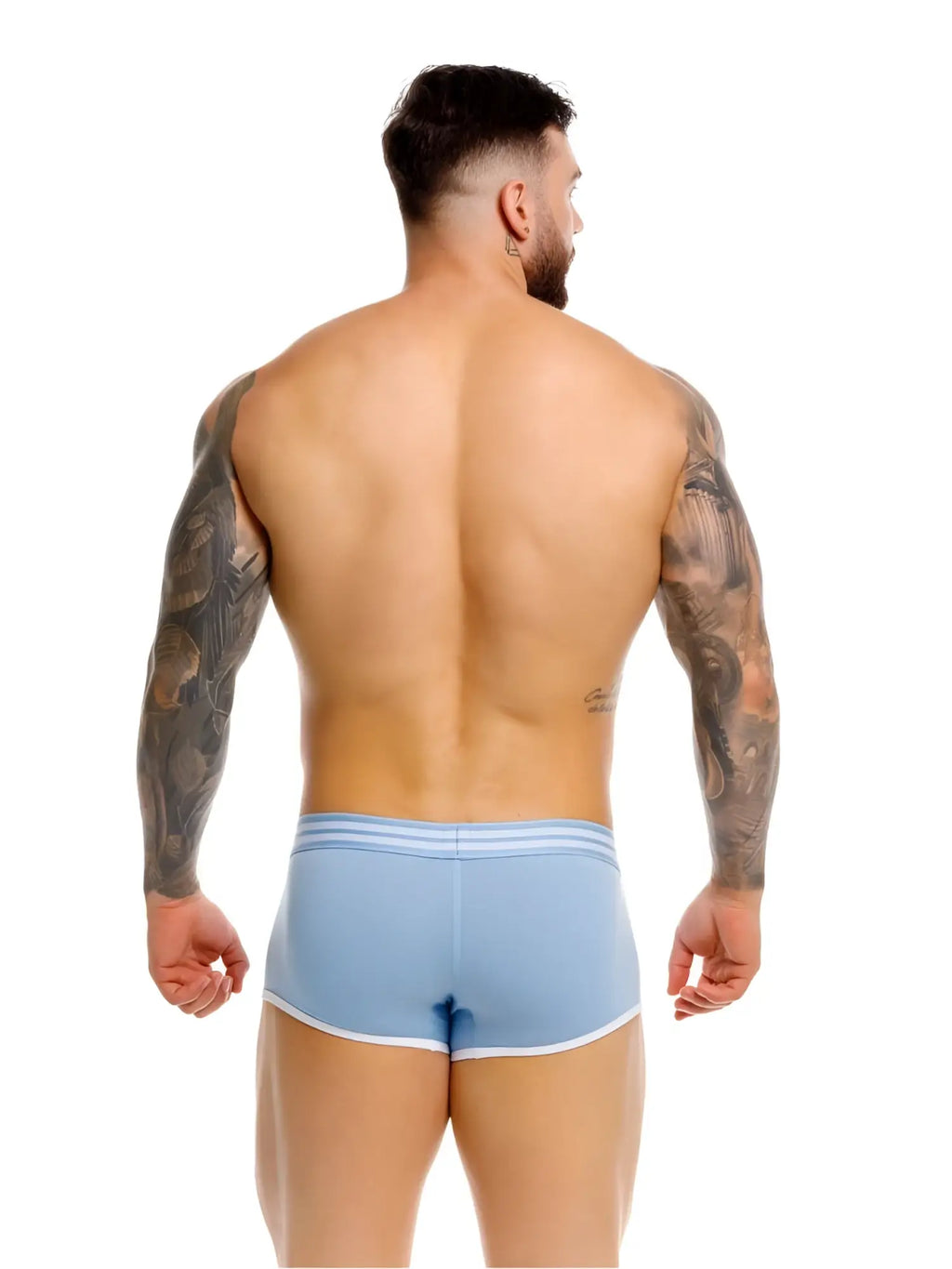 Back view of a model wearing blue JOR 2320 College trunks.