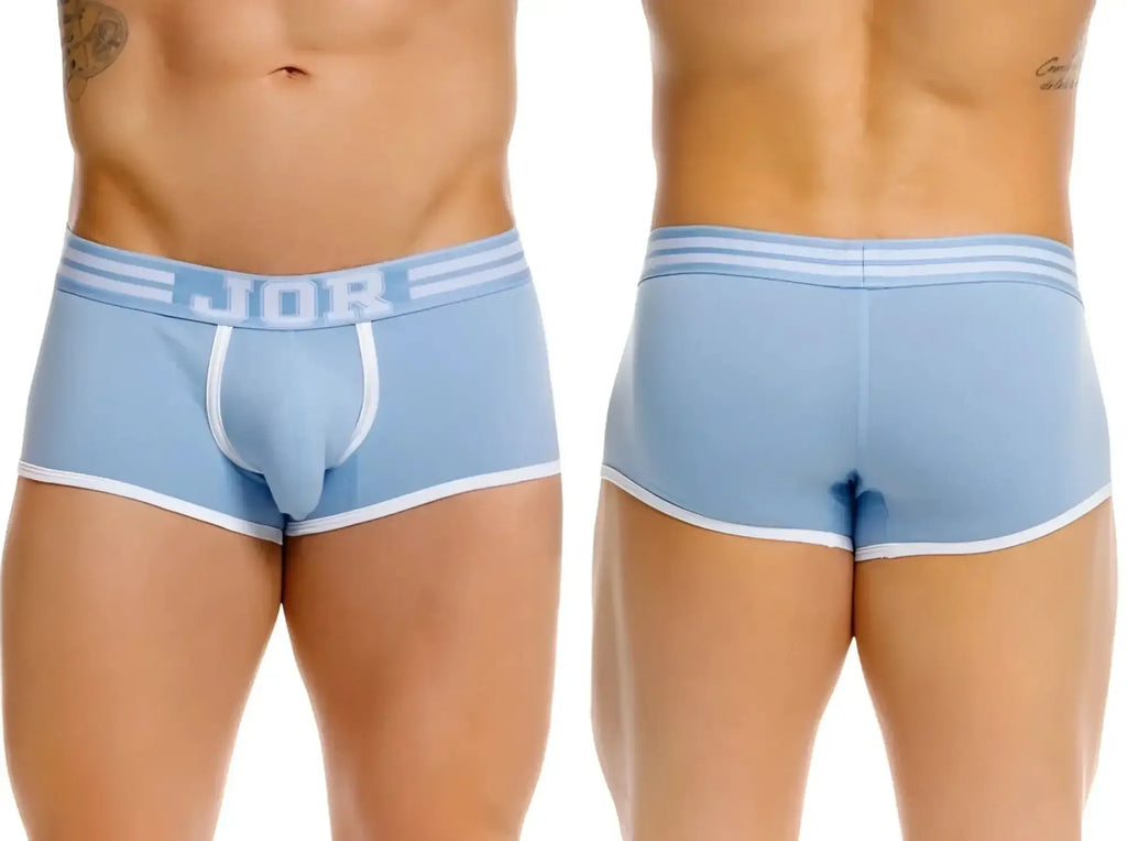 Front and back view of the blue JOR 2320 College trunks underwear on a male model.