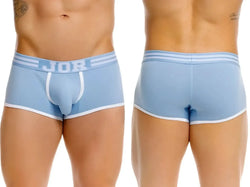 Front and back view of the blue JOR 2320 College trunks underwear on a male model.