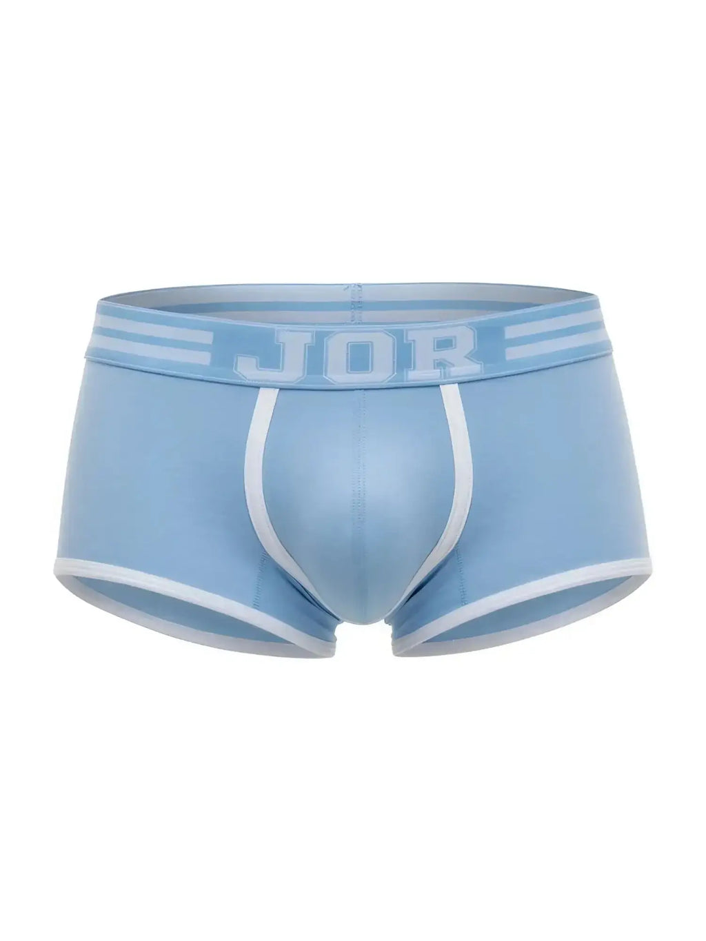 Front view of blue JOR 2320 College trunks with white trim and branded elastic waistband.