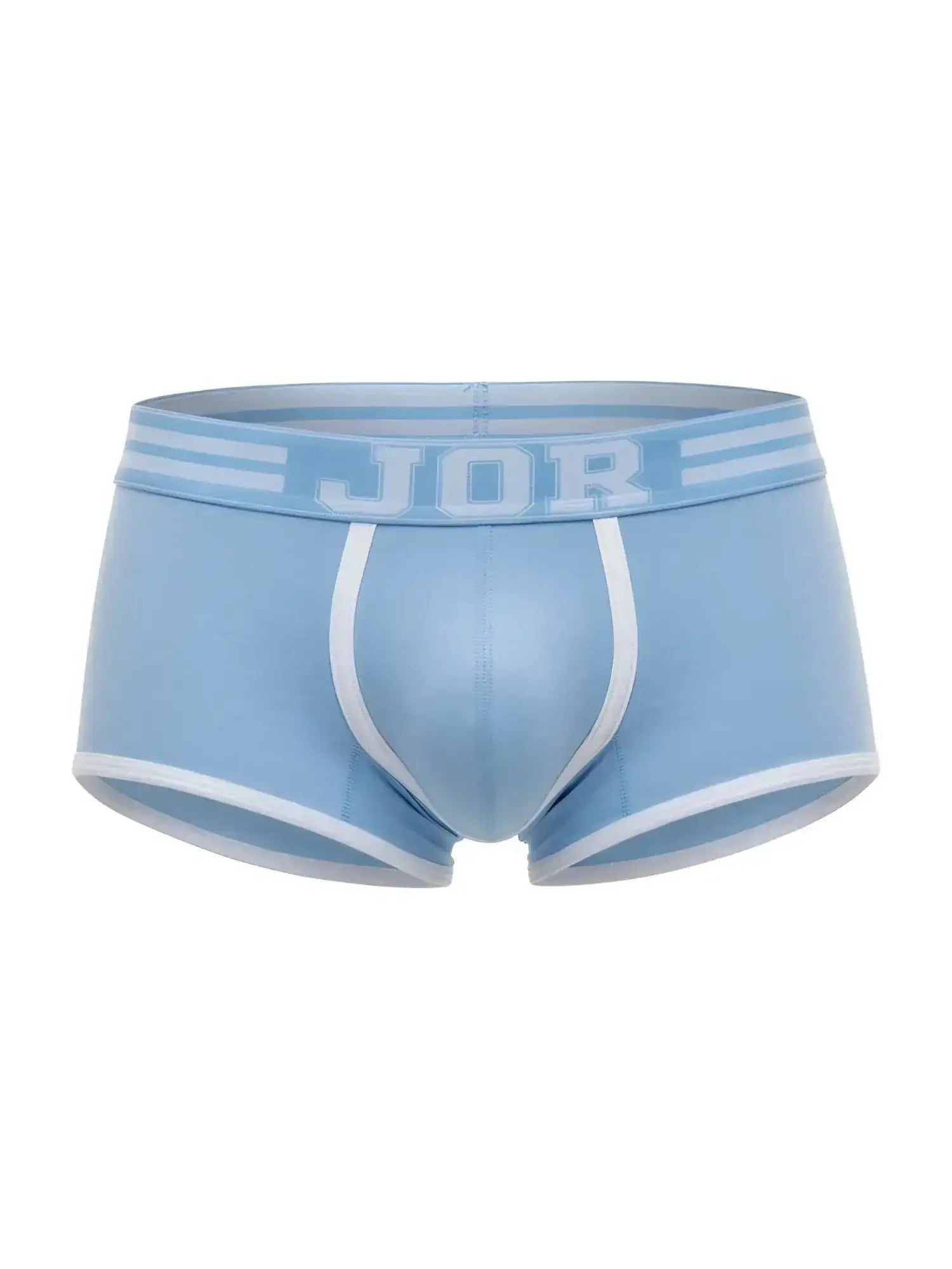 Front view of blue JOR 2320 College trunks with white trim and branded elastic waistband.