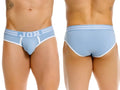 Light blue cotton men's briefs with white trim and a striped JOR elastic waistband, shown front and back.