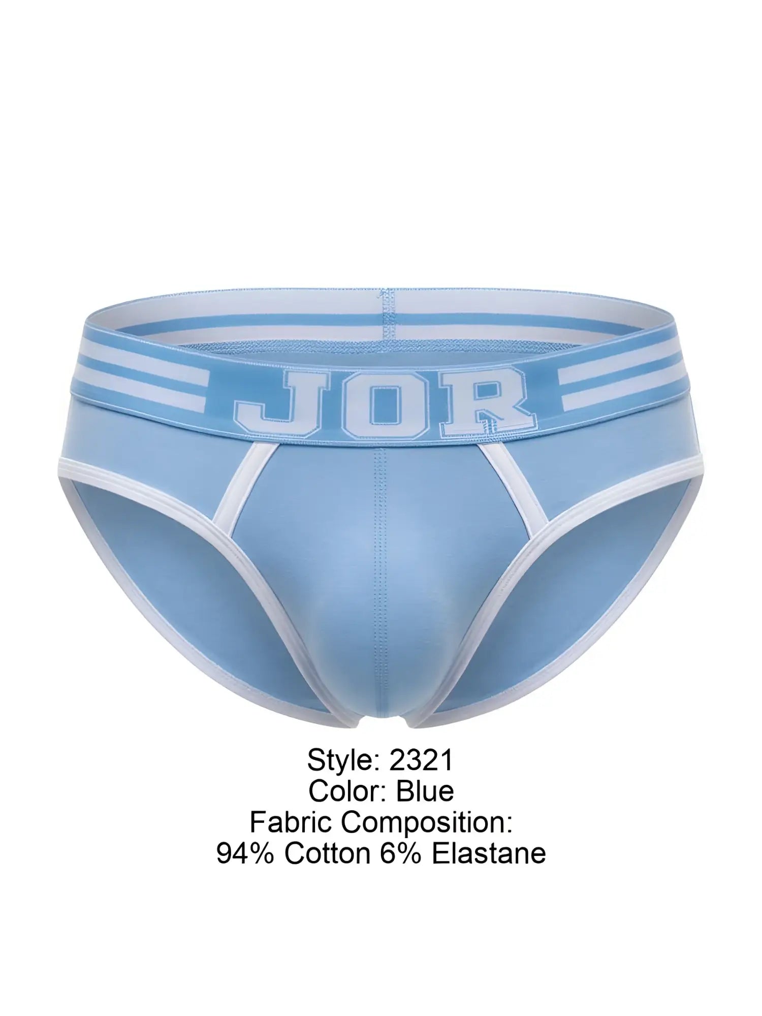 Front view of blue JOR 2321 College Briefs with white striped waistband.