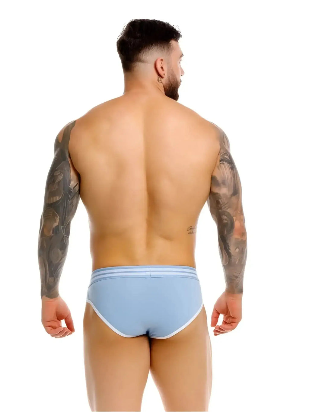 JOR 2321 College briefs in blue, back view on a muscular man.