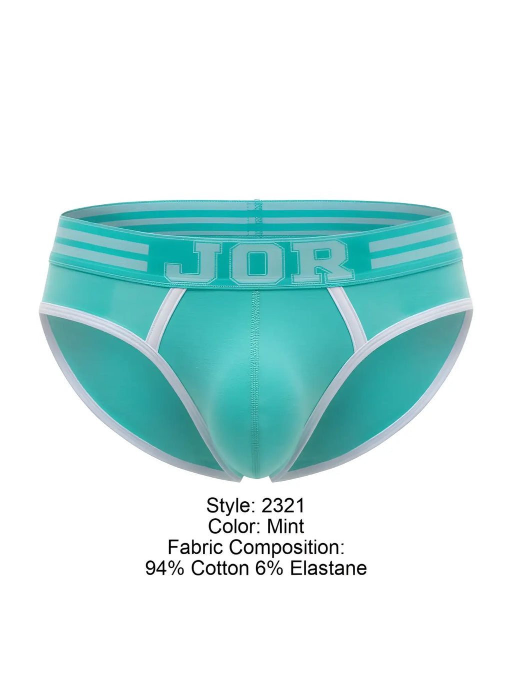 Front view of JOR 2321 College Briefs in mint, featuring a branded waistband and white trim.