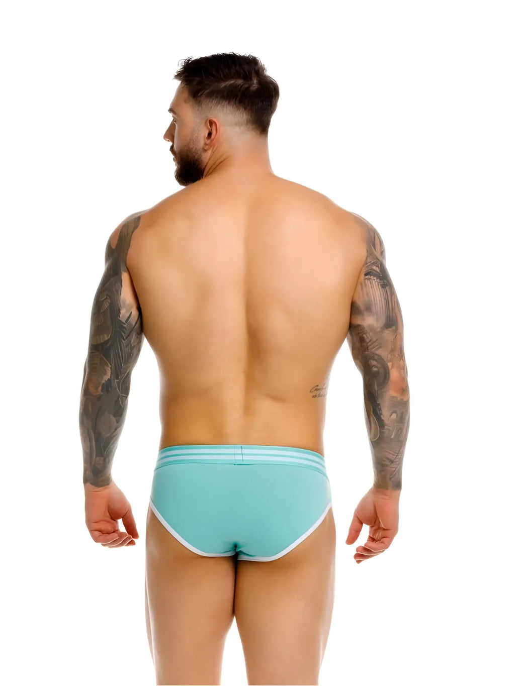 Back view of JOR 2321 College Briefs in mint, worn by a muscular model.