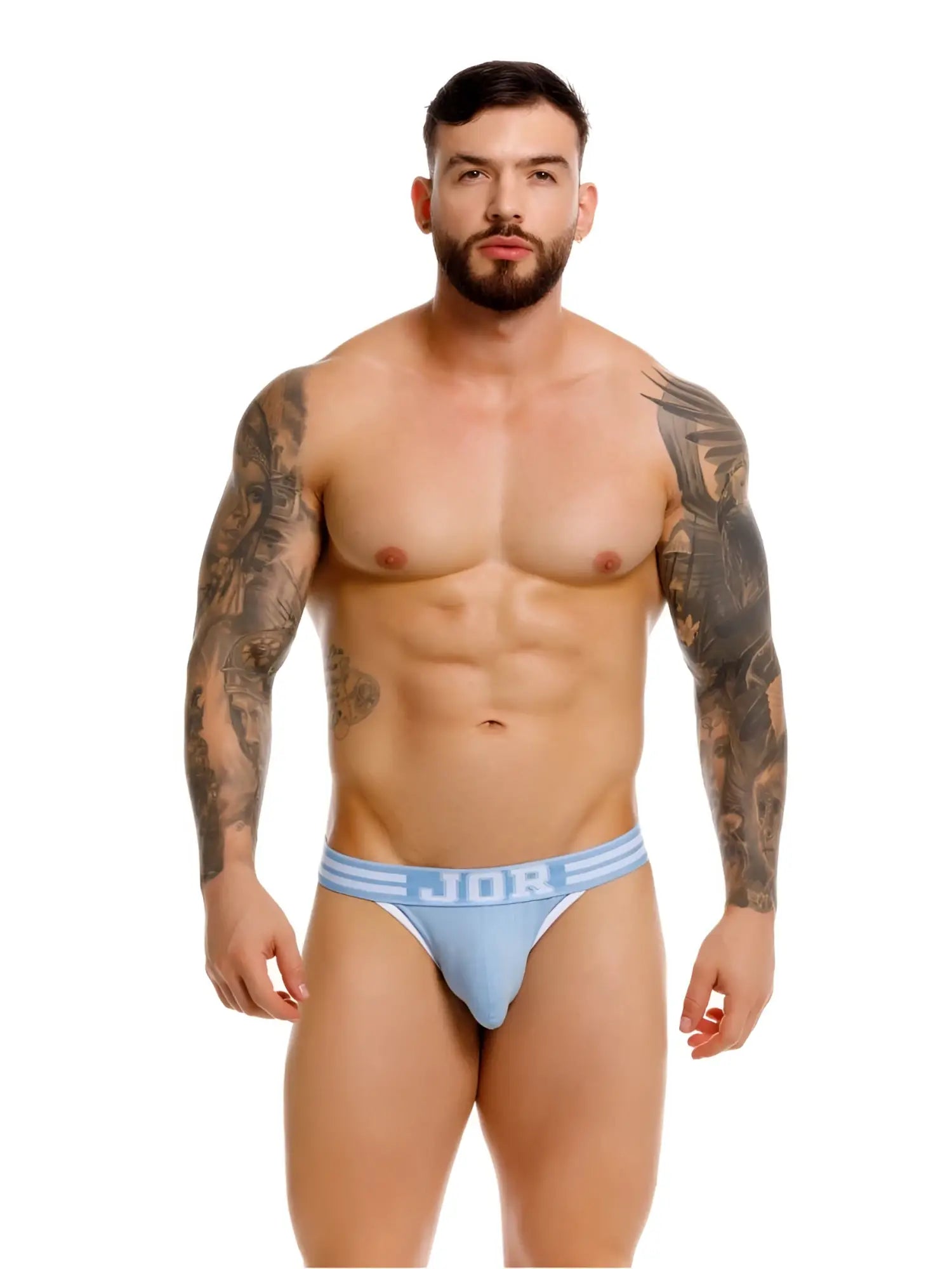 Front view of the blue JOR 2323 College thong on a muscular male model.