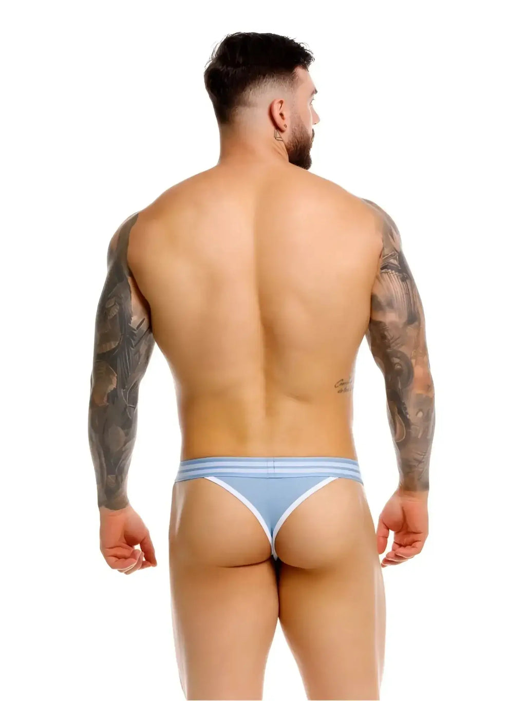 Back view of a man wearing blue JOR 2323 College thong underwear.