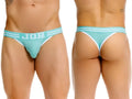 JOR 2323 College Thongs in mint, showing front and back views of the underwear on a model.