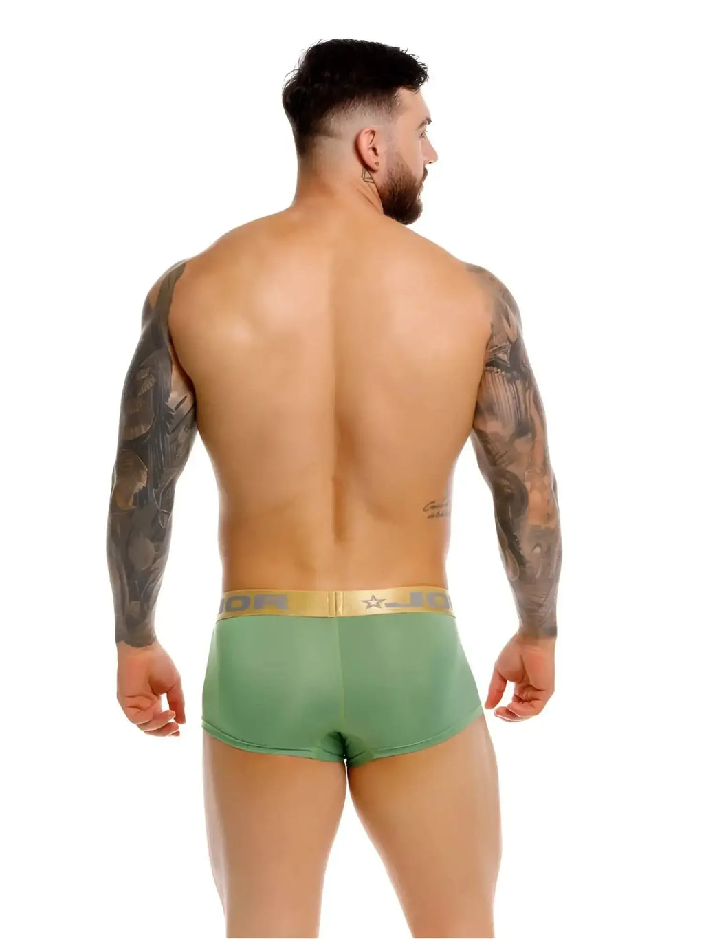 Back view of JOR 2326 Soho green trunks on a male model.