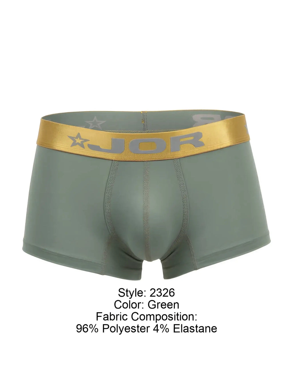 Front view of JOR 2326 Soho green trunks with a branded gold waistband.