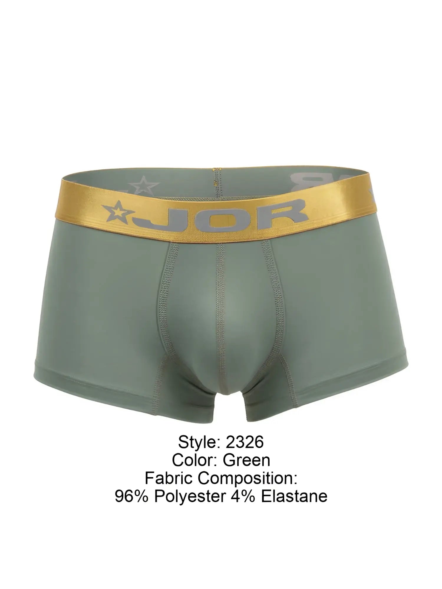 Front view of JOR 2326 Soho green trunks with a branded gold waistband.