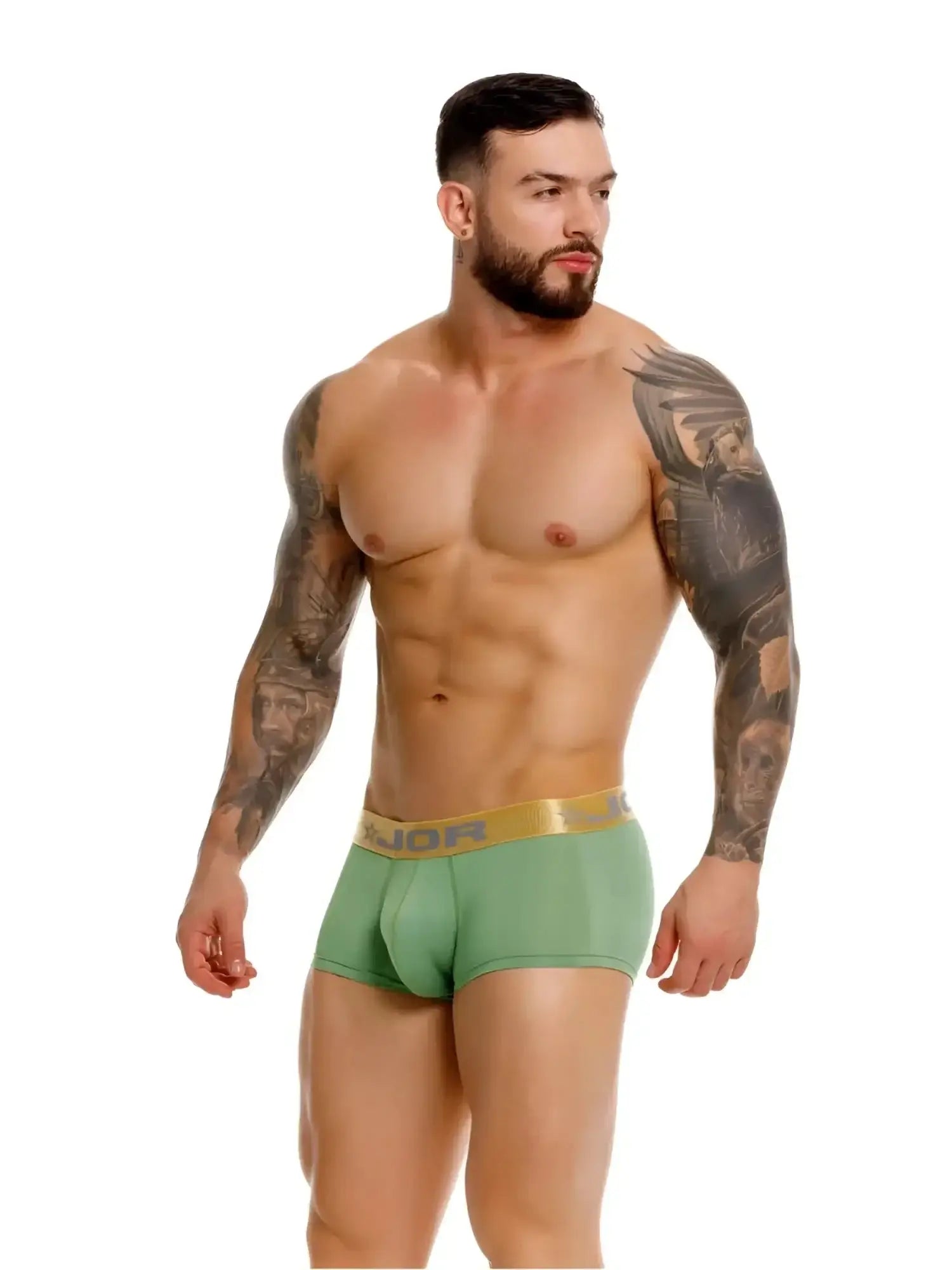 JOR 2326 Soho Trunks in green, front view on a male model.