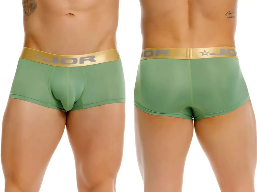 Front and back view of JOR 2326 Soho trunks in green featuring a gold logo waistband.