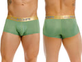 Front and back view of JOR 2326 Soho trunks in green featuring a gold logo waistband.