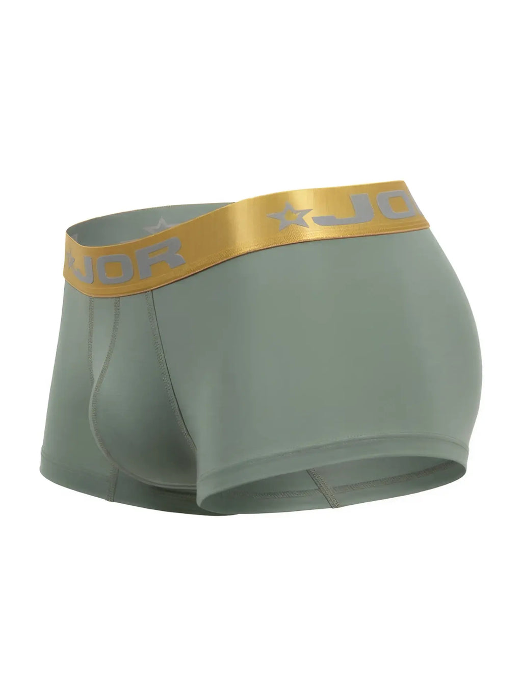 Front view of JOR 2326 Soho trunks in green with a gold branded waistband.