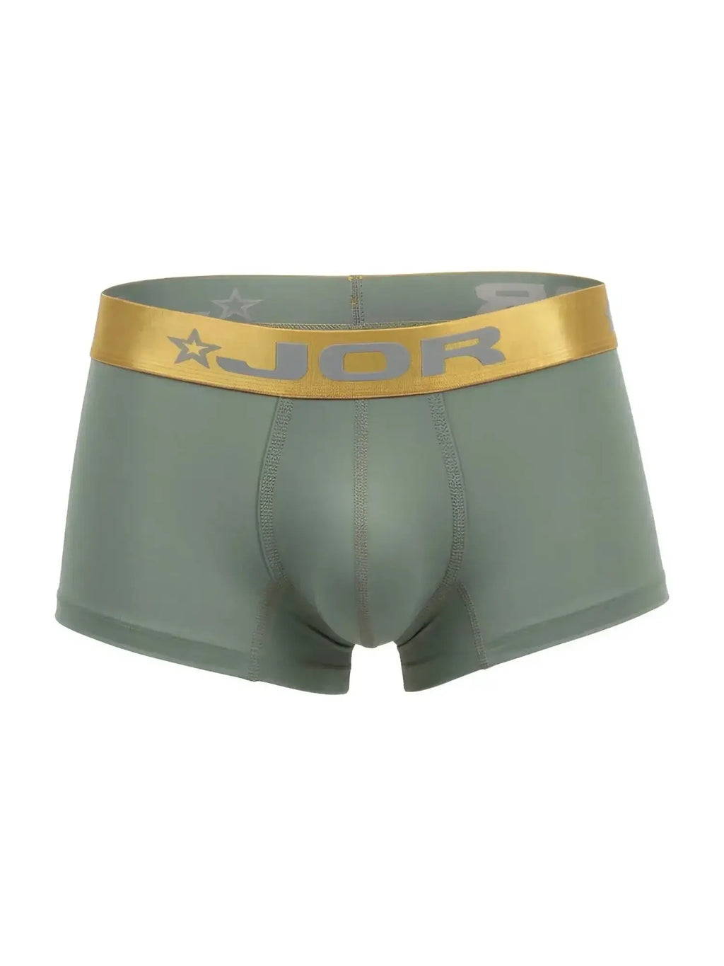 Front view of JOR 2326 Soho green trunks with a metallic gold logo waistband.