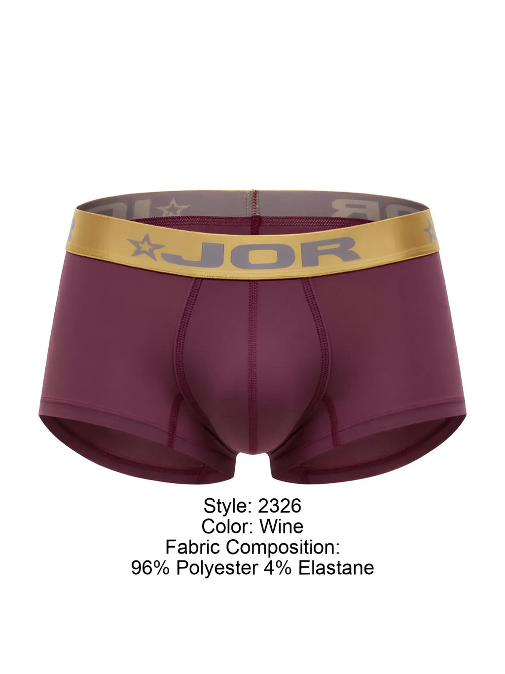 Front view of JOR 2326 Soho trunks in wine color with a gold branded elastic waistband.