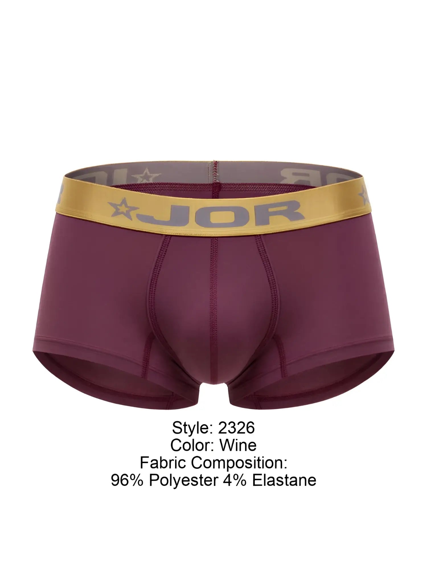 Front view of JOR 2326 Soho trunks in wine color with a gold branded elastic waistband.