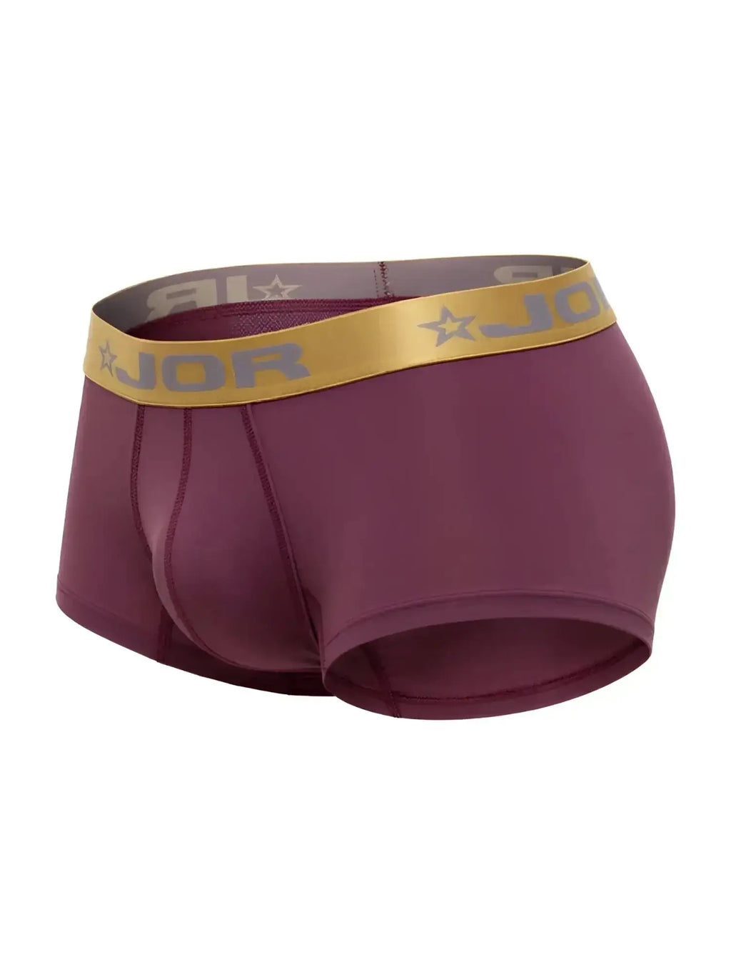 Front view of JOR 2326 Soho Trunks in wine color with gold branded waistband.