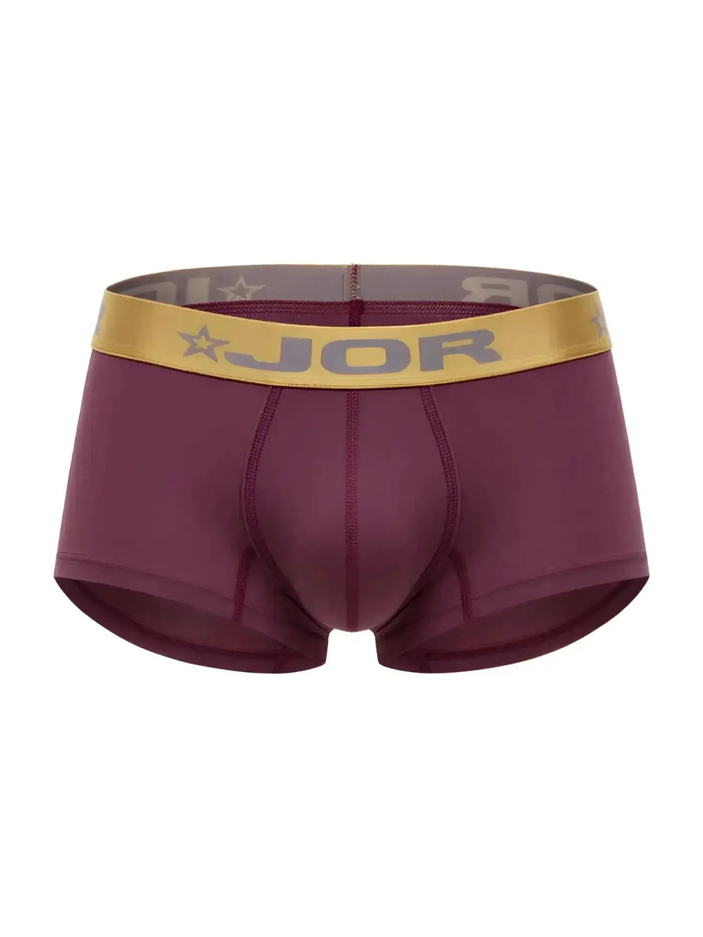 Front view of JOR 2326 Soho trunks in wine with a gold logo waistband.
