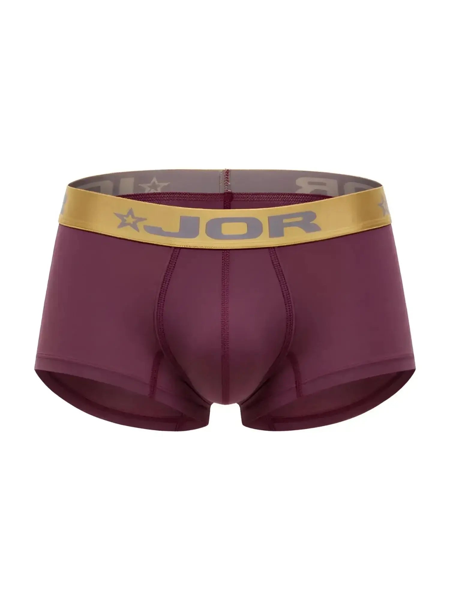 Front view of JOR 2326 Soho trunks in wine with a gold logo waistband.