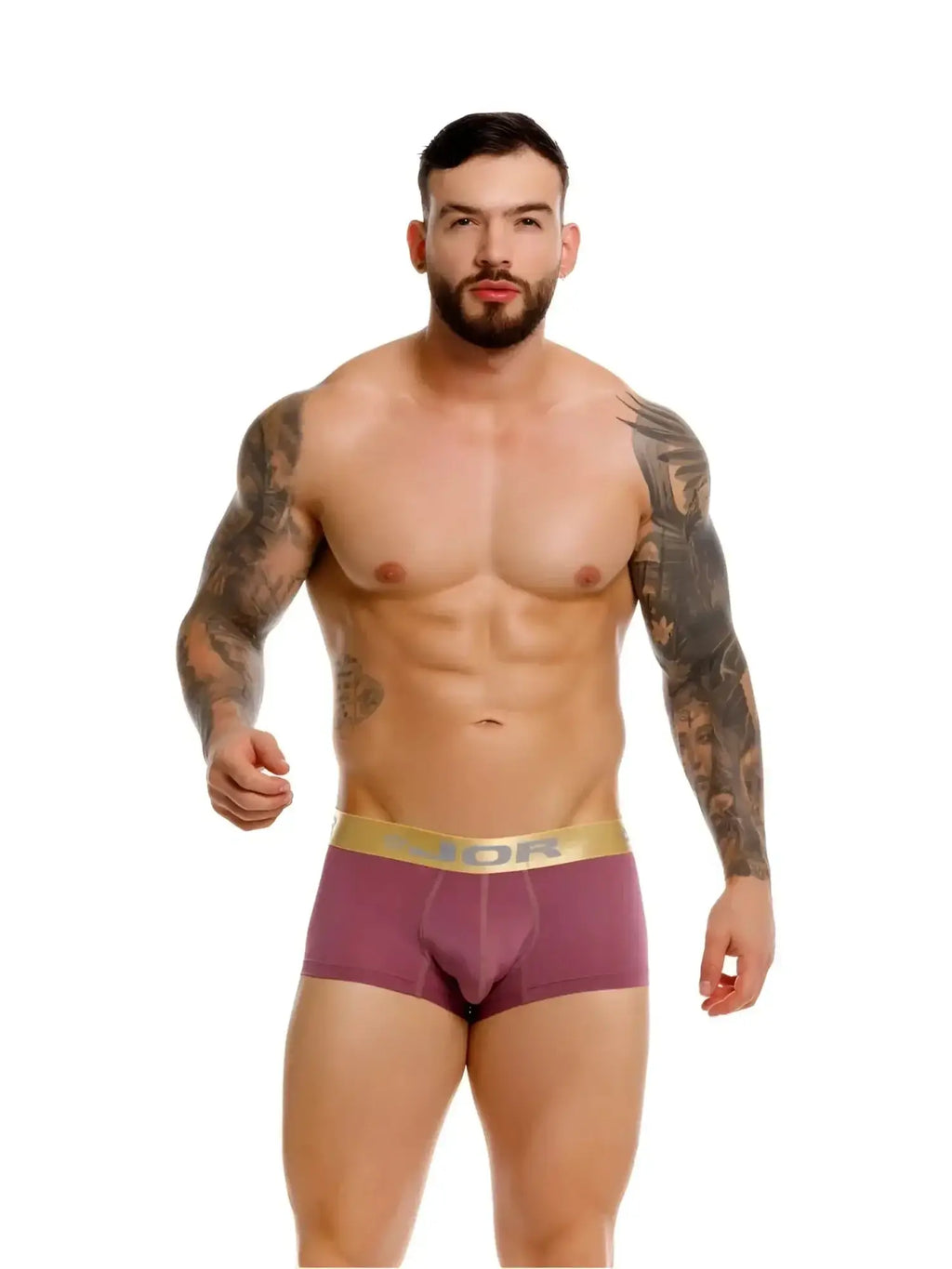 Front view of JOR 2326 Soho trunks in wine color on a male model.