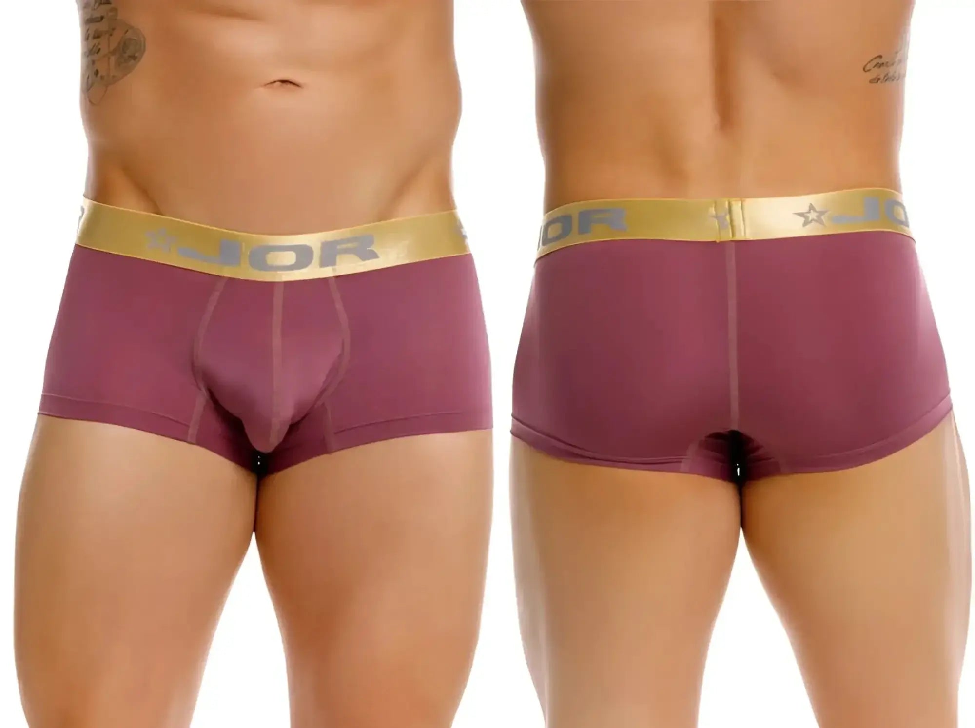 Front and back view of JOR 2326 Soho trunks in wine color.