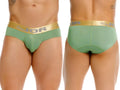 Front and back view of JOR 2327 Soho briefs in green with a gold waistband.