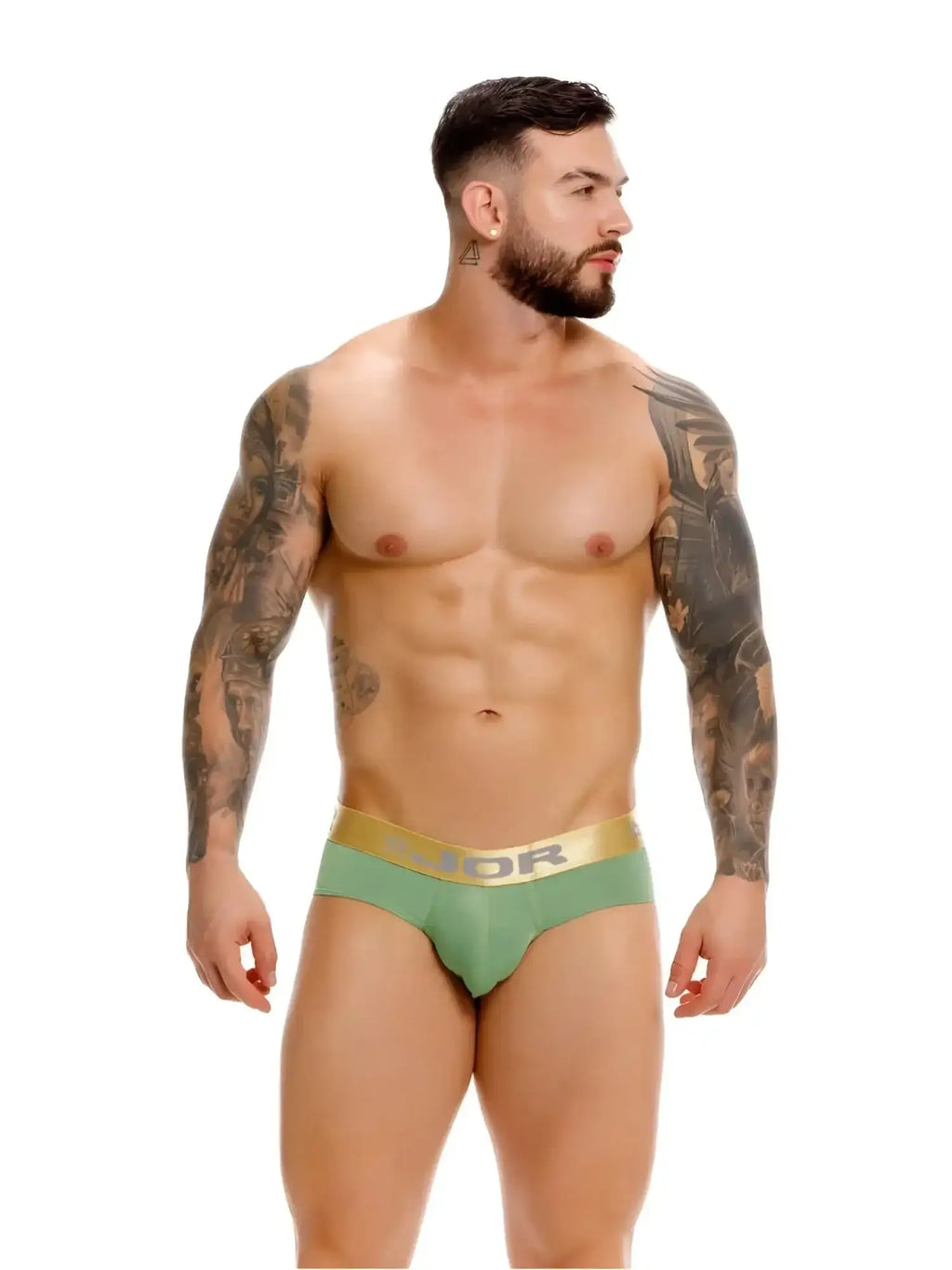 Front view of JOR 2327 Soho Briefs in green worn by a male model.