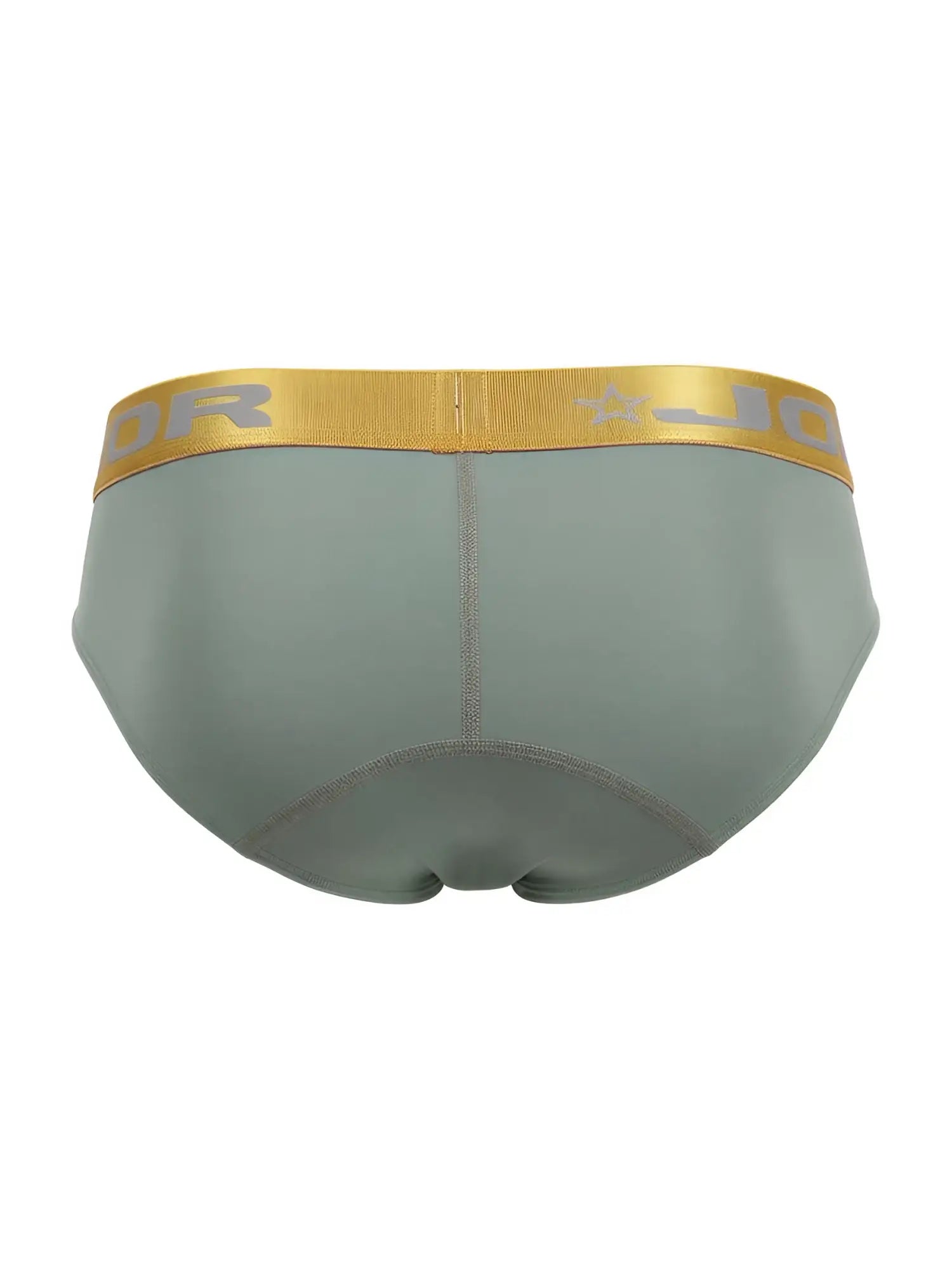 Back view of the green JOR 2327 Soho briefs with a metallic gold waistband.