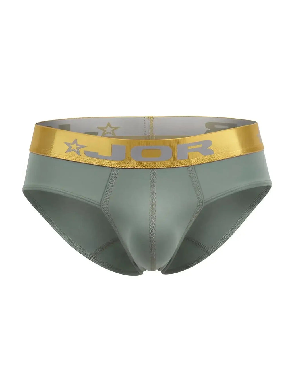 Front view of JOR 2327 Soho briefs in green with a gold branded elastic waistband.