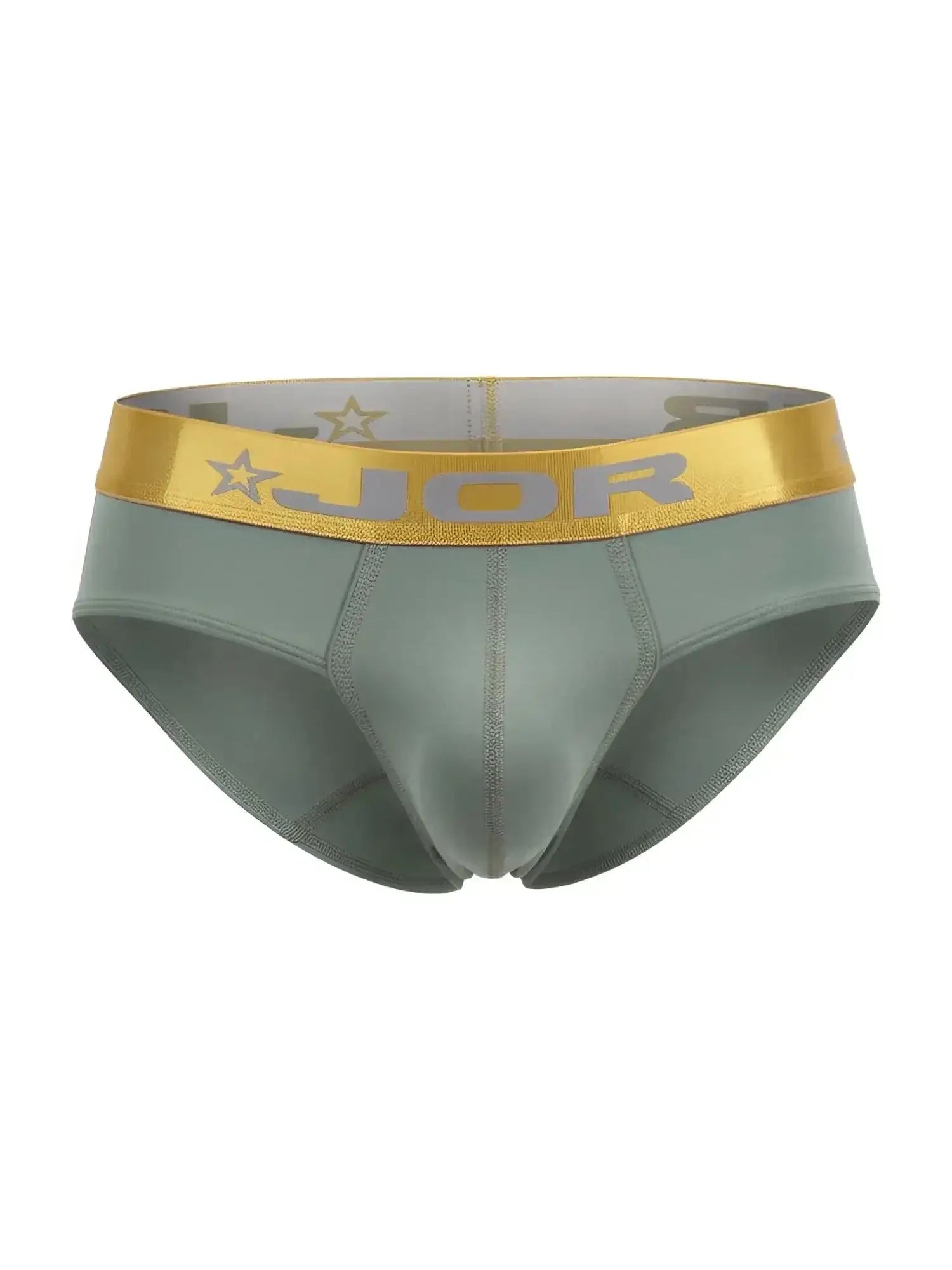 Front view of JOR 2327 Soho briefs in green with a gold branded elastic waistband.