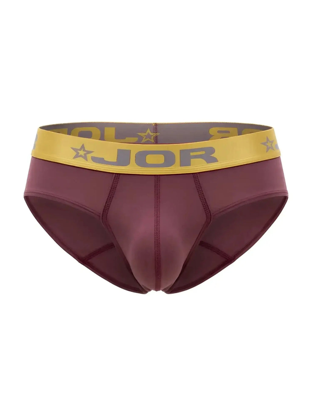 Front view of JOR 2327 Soho briefs in wine, featuring a metallic gold logo waistband.